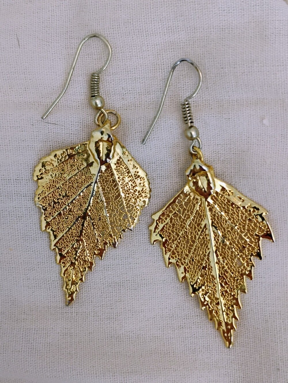 Dainty, Gold Leaf Drop Earrings . Yellow Gold Overlay